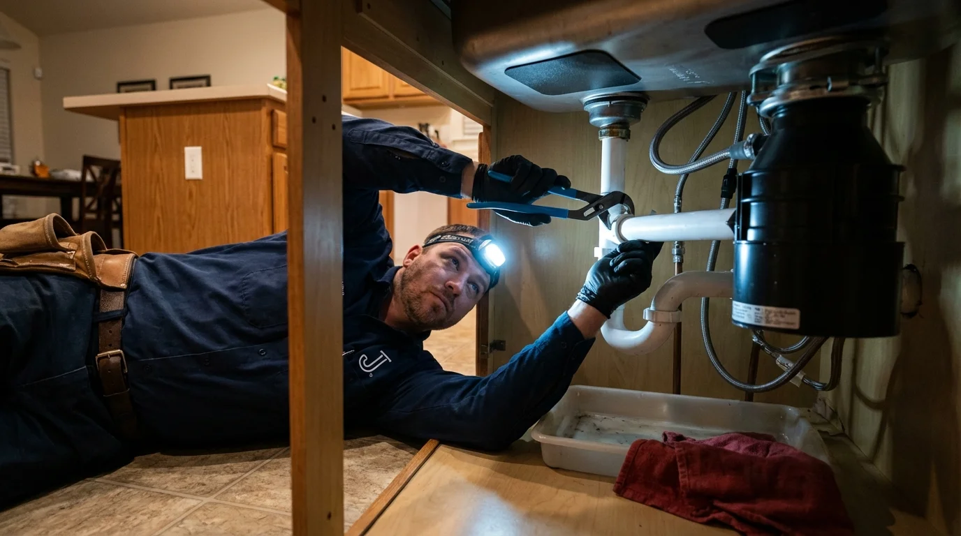 P-trap and supply line connections under a kitchen sink showing a common leak point in Ripley, MS